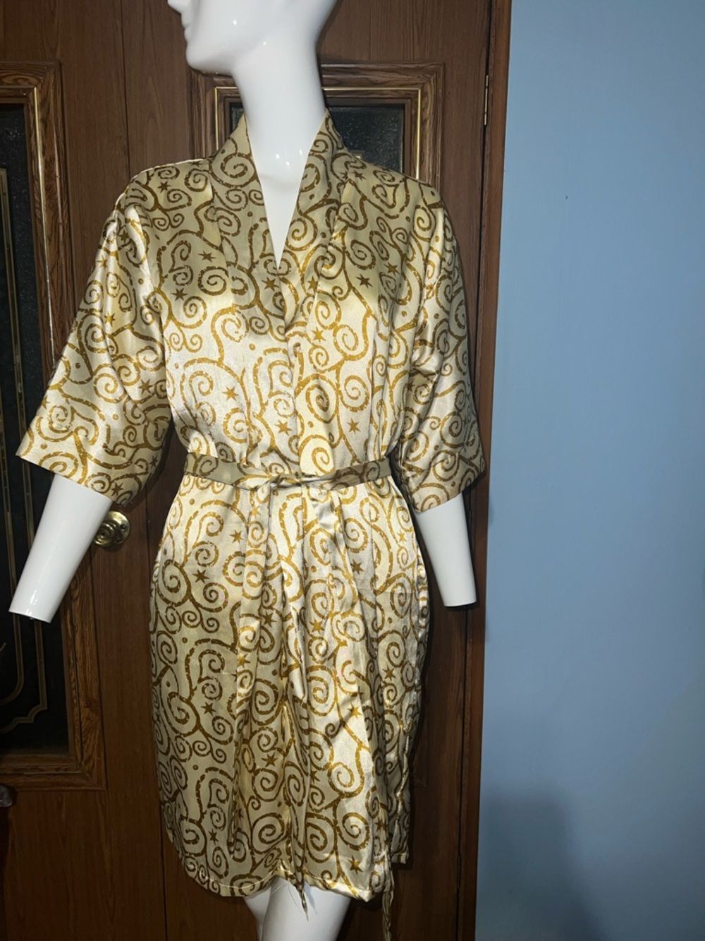 Cream Satin Wrap Robe with Metallic Gold Swirl Star Print